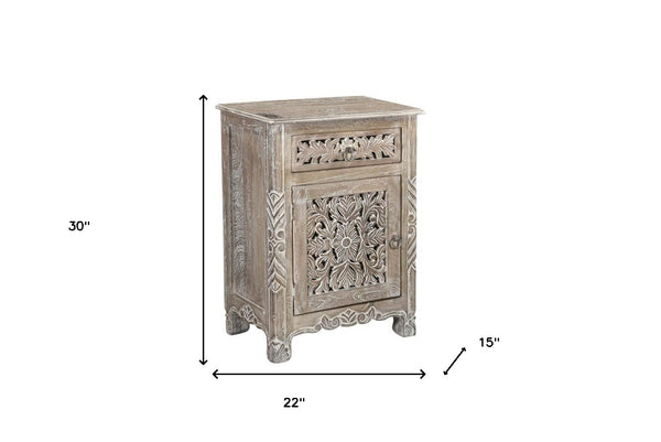 Homeroots 30" Distressed Gray One Drawer Carved Floral Solid Wood Nightstand   521201