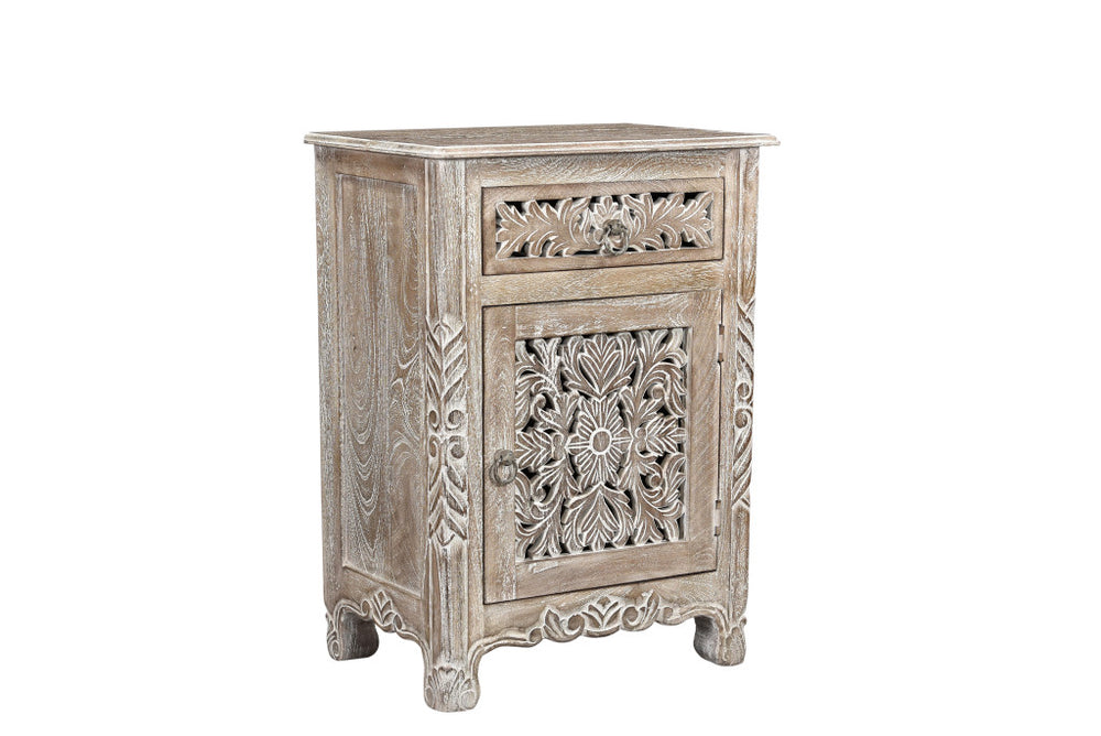 Homeroots 22" Gray One Drawer One Door Floral Carved Nightstand   521202