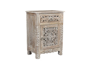 Homeroots 22" Gray One Drawer One Door Floral Carved Nightstand   521202