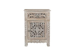 Homeroots 22" Gray One Drawer One Door Floral Carved Nightstand   521202