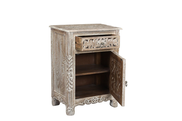 Homeroots 22" Gray One Drawer One Door Floral Carved Nightstand   521202