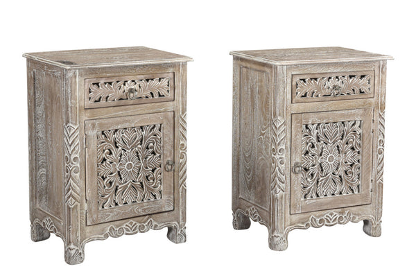 Homeroots 22" Gray One Drawer One Door Floral Carved Nightstand   521202