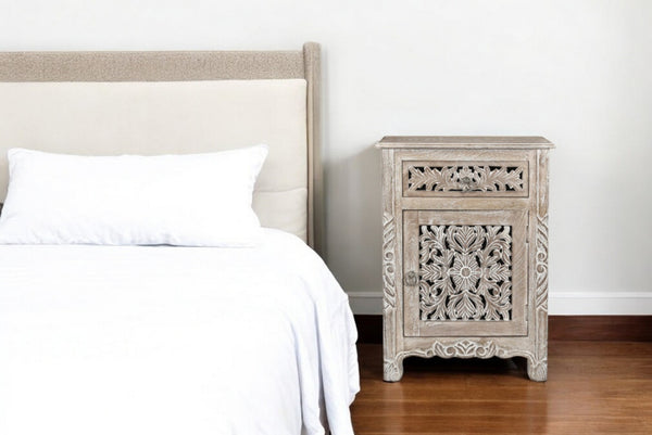 HomeRoots 30" Gray Solid Wood Nightstand - Rustic Vintage Design with Drawer & Open Shelf for Versatile Storage 521202