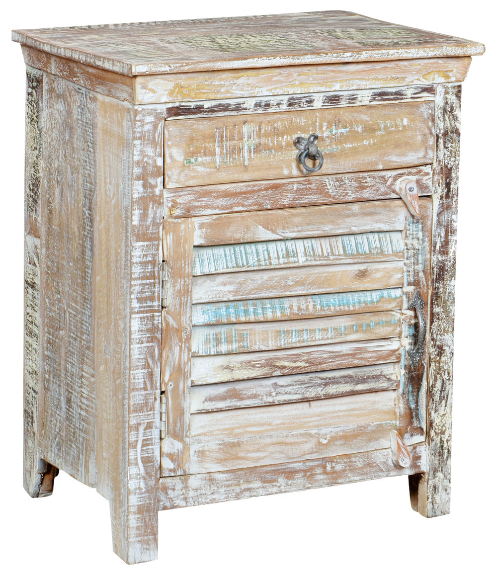 Homeroots 30" Distressed White One Drawer Shutter Solid Wood Nightstand   521205