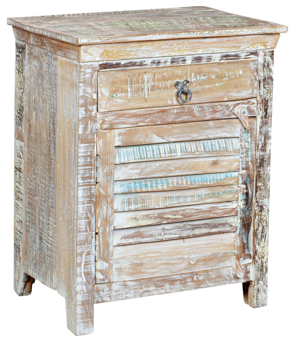 Homeroots 30" Distressed White One Drawer Shutter Solid Wood Nightstand   521205