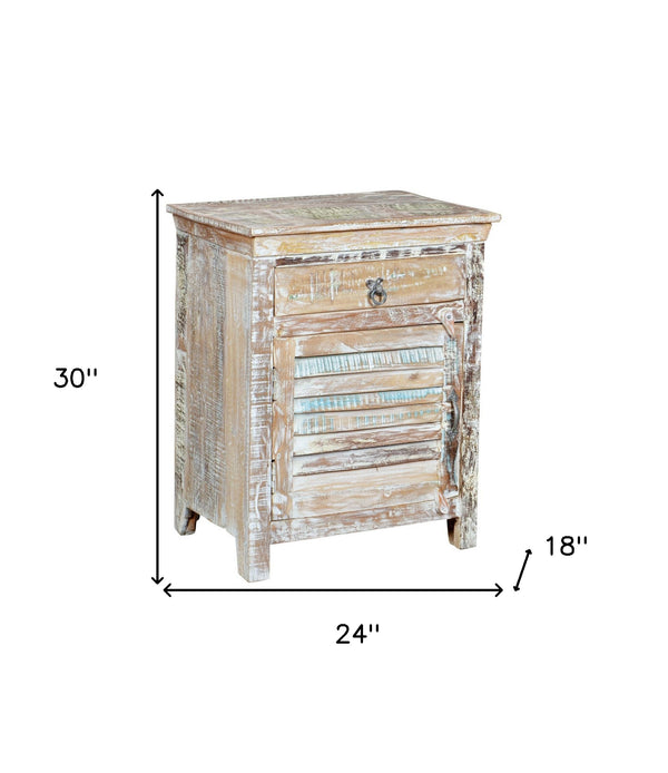 Homeroots 30" Distressed White One Drawer Shutter Solid Wood Nightstand   521205