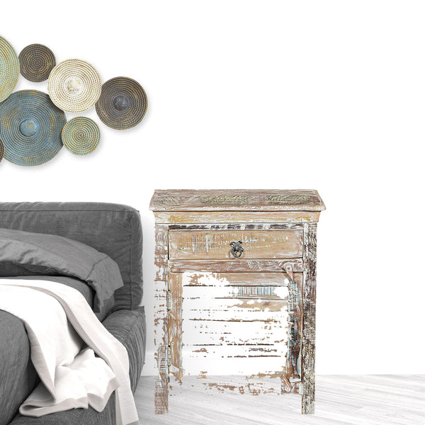 Homeroots 30" Distressed White One Drawer Shutter Solid Wood Nightstand   521205