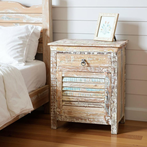 HomeRoots 30" White Solid Wood Distressed Nightstand - Rustic Charm, One Drawer & Open Shelf for Storage 521205