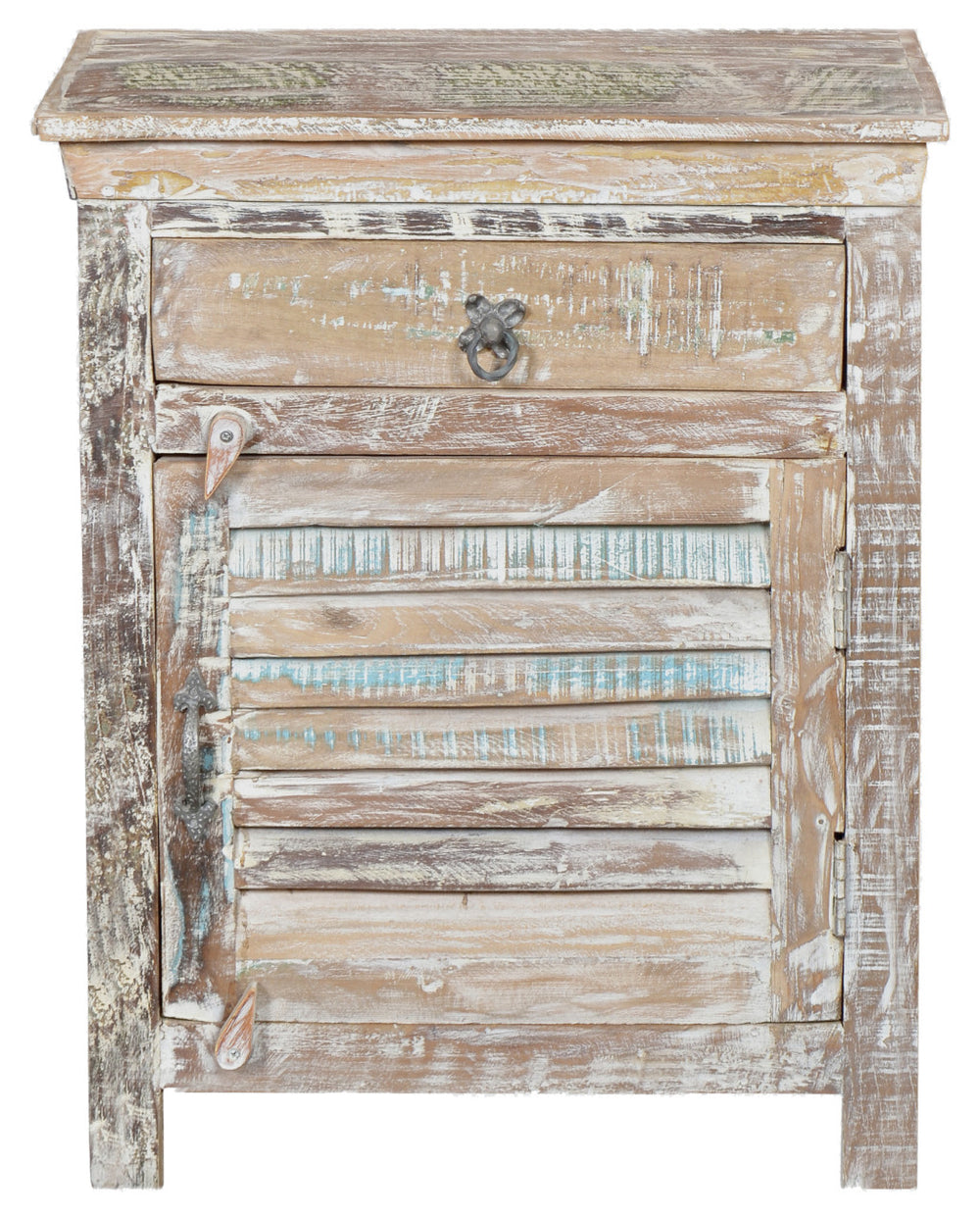 Homeroots 30" Distressed White One Drawer Shutter Solid Wood Nightstand   521206