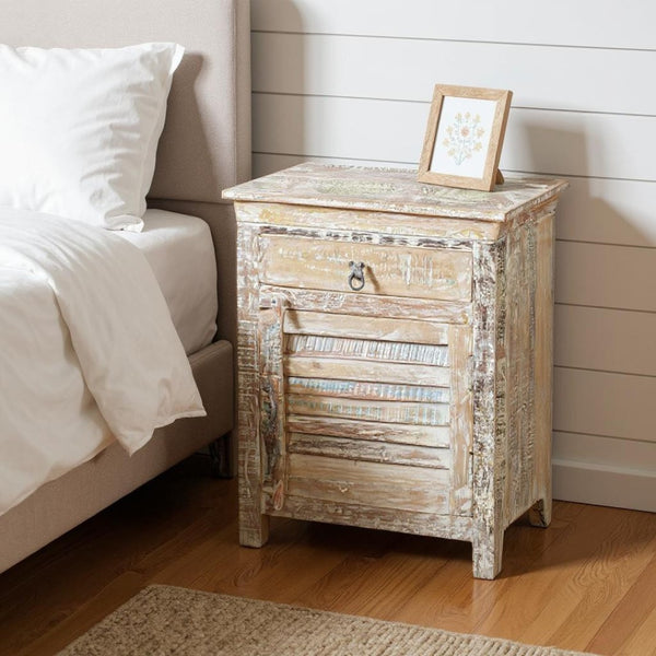 HomeRoots 30" White Solid Wood Nightstand - Distressed Vintage Charm with Drawer & Open Shelf for Storage 521206