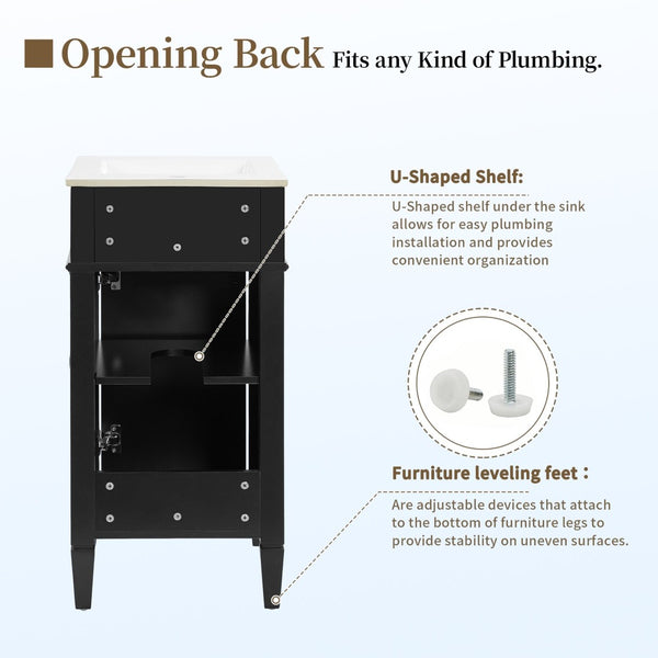 English Elm 16-inch French Style Freestanding Vanity Set with Ceramic Sink and Soft Close Cabinet Black N710P405388B