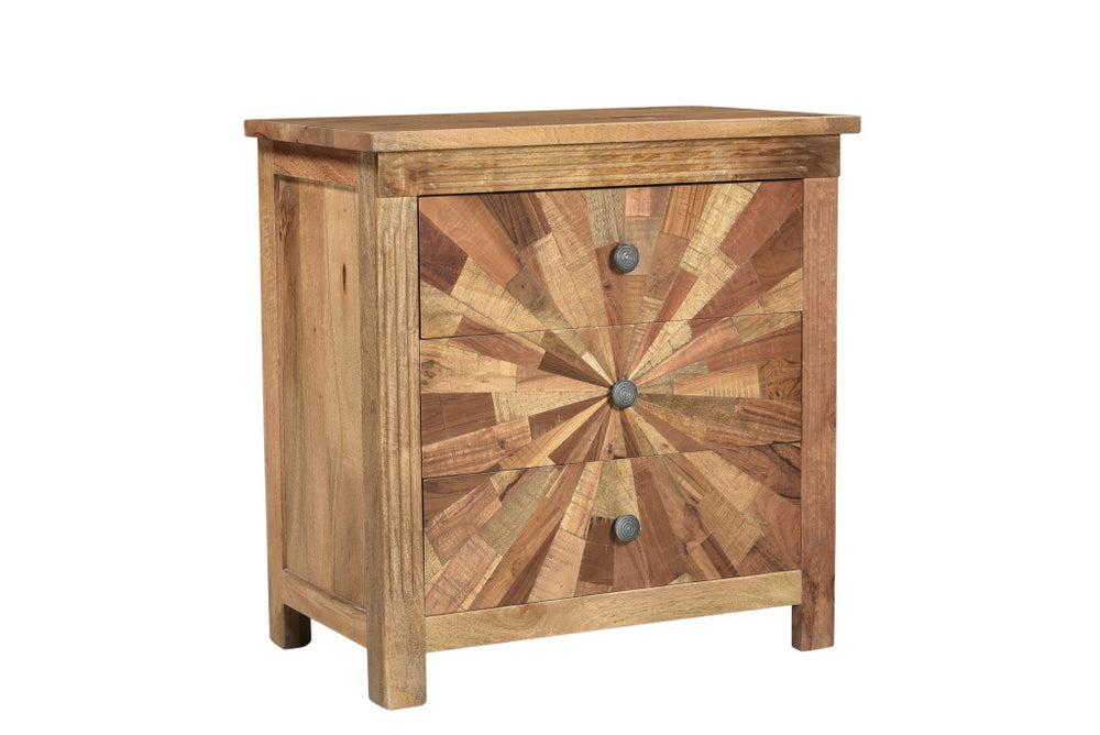 Homeroots 30" Brown Three Drawer Starburst Pattern Solid Wood Nightstand   521215