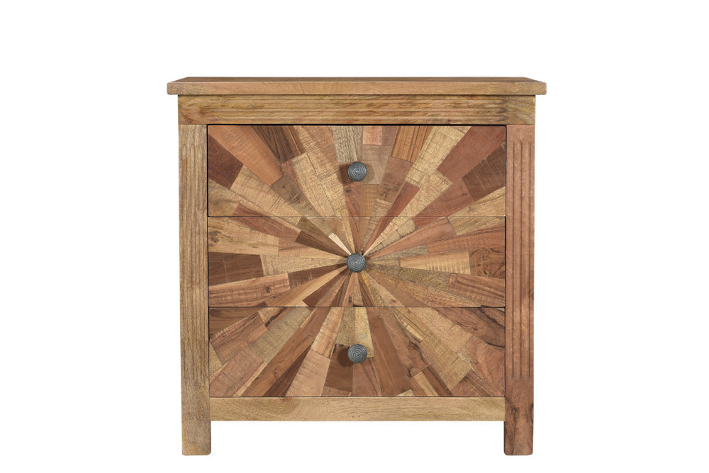 Homeroots 30" Brown Three Drawer Starburst Pattern Solid Wood Nightstand   521215