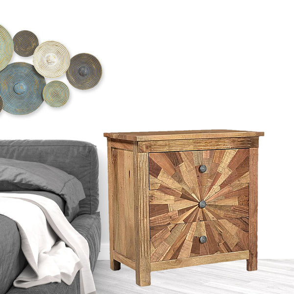 Homeroots 30" Brown Three Drawer Starburst Pattern Solid Wood Nightstand   521215