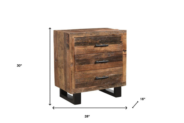 Homeroots 30" Distressed Dark Brown Three Drawer Wood And Metal Nightstand   521225