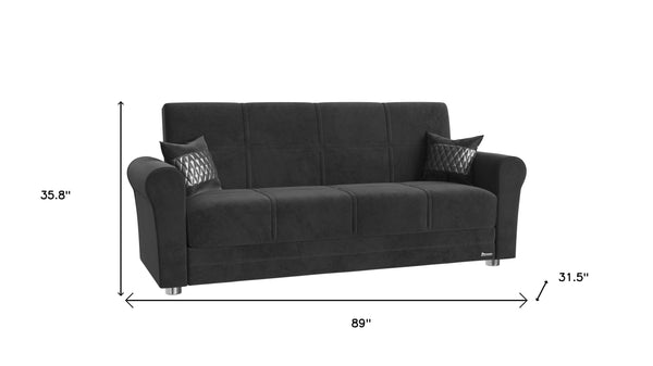Homeroots 89" Black Microfiber Sleeper Sleeper Sofa And Toss Pillows With Silver Legs   521226