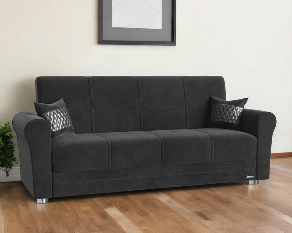 Homeroots 89" Black Microfiber Sleeper Sleeper Sofa And Toss Pillows With Silver Legs   521226