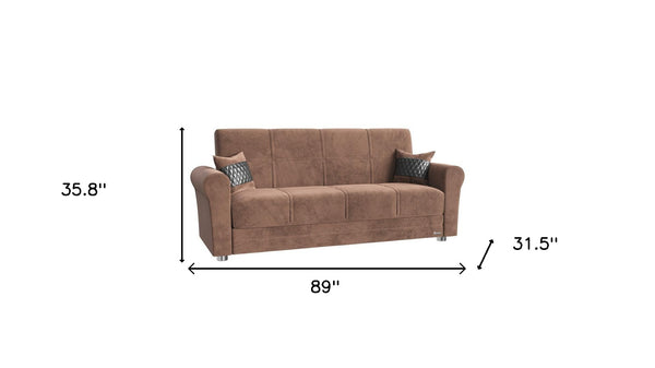 Homeroots 89" Brown Microfiber Sleeper Sleeper Sofa And Toss Pillows With Silver Legs   521228