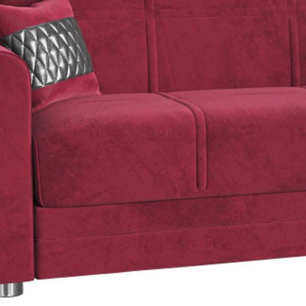 Homeroots 89" Red Microfiber Sleeper Sleeper Sofa And Toss Pillows With Silver Legs   521229