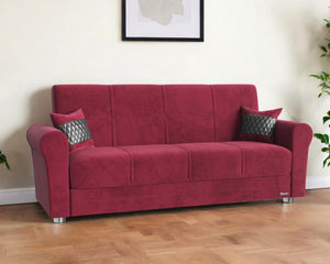 Homeroots 89" Red Microfiber Sleeper Sleeper Sofa And Toss Pillows With Silver Legs   521229