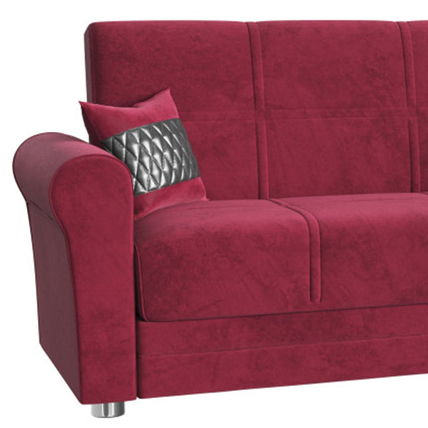 Homeroots 89" Red Microfiber Sleeper Sleeper Sofa And Toss Pillows With Silver Legs   521229