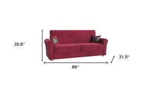 Homeroots 89" Red Microfiber Sleeper Sleeper Sofa And Toss Pillows With Silver Legs   521229