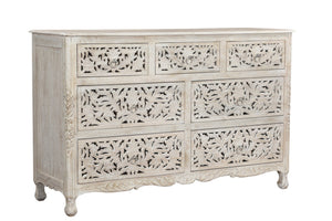 HomeRoots 57" Timeless Solid Wood Seven Drawer Dresser with Hand-Carved Details for Elegant Bedroom Storage 7 White 521235