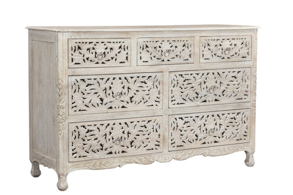HomeRoots 57" Timeless Solid Wood Seven Drawer Dresser with Hand-Carved Details for Elegant Bedroom Storage 7 White 521235