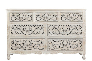 HomeRoots 57" Timeless Solid Wood Seven Drawer Dresser with Hand-Carved Details for Elegant Bedroom Storage 7 White 521235