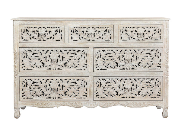 HomeRoots 57" Timeless Solid Wood Seven Drawer Dresser with Hand-Carved Details for Elegant Bedroom Storage 7 White 521235