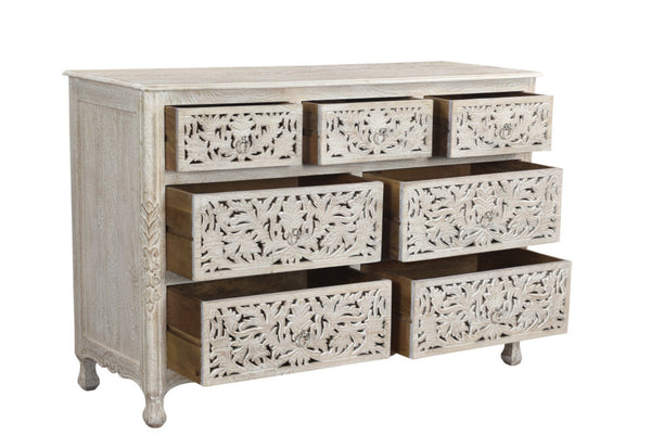 HomeRoots 57" Timeless Solid Wood Seven Drawer Dresser with Hand-Carved Details for Elegant Bedroom Storage 7 White 521235