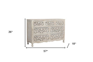 HomeRoots 57" Timeless Solid Wood Seven Drawer Dresser with Hand-Carved Details for Elegant Bedroom Storage 7 White 521235
