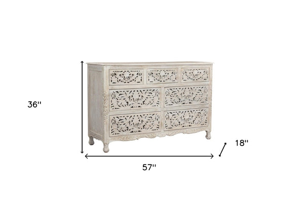HomeRoots 57" Timeless Solid Wood Seven Drawer Dresser with Hand-Carved Details for Elegant Bedroom Storage 7 White 521235