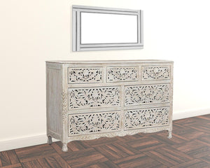 HomeRoots 57" Timeless Solid Wood Seven Drawer Dresser with Hand-Carved Details for Elegant Bedroom Storage 7 White 521235