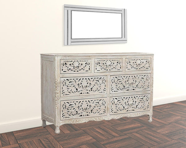 HomeRoots 57" Timeless Solid Wood Seven Drawer Dresser with Hand-Carved Details for Elegant Bedroom Storage 7 White 521235