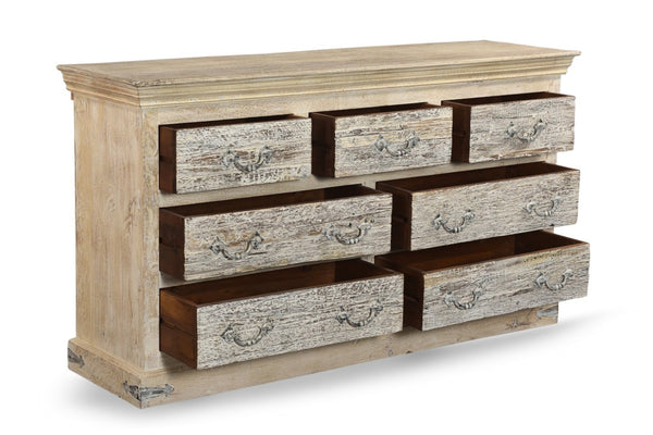 HomeRoots 64" White Double Dresser - Timeless Solid Wood Design with 7 Drawers & Rustic Farmhouse Charm 521247