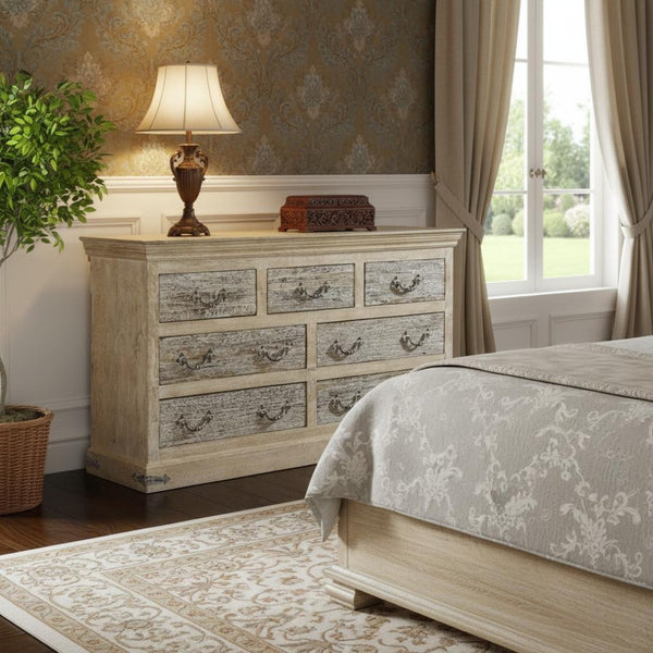HomeRoots 64" White Double Dresser - Timeless Solid Wood Design with 7 Drawers & Rustic Farmhouse Charm 521247