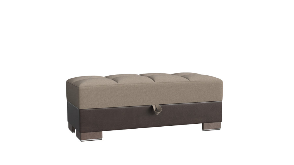 Homeroots 21" Beige Chenille And Brown Faux Leather Tufted Storage Ottoman   521264