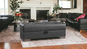 Homeroots 21" Black Faux Leather And Brown Tufted Storage Ottoman   521268