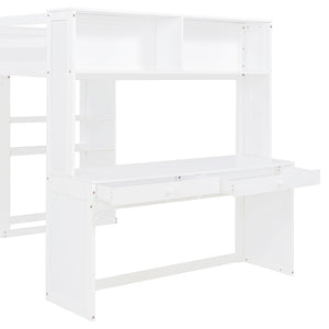 English Elm Full Twin Loft Bed with Desk Wardrobe Shelves Pine Wood Frame Kids Bedroom White LT000821AAK-1