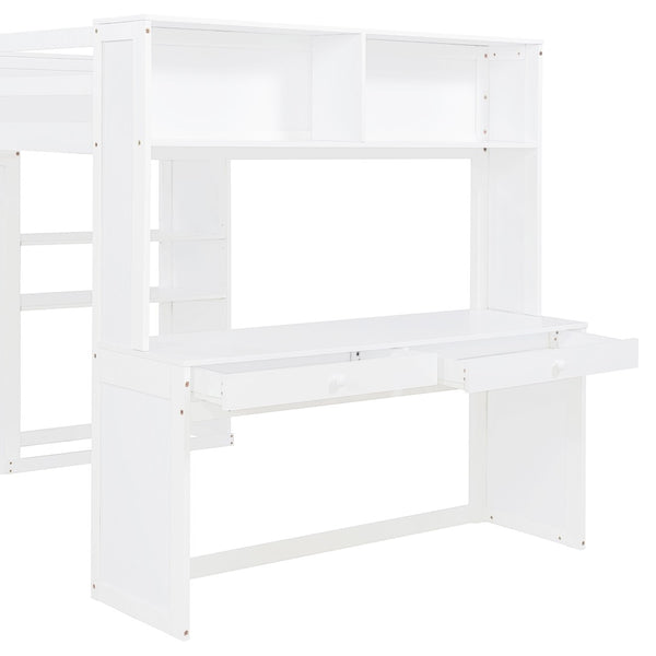 English Elm Full Twin Loft Bed with Desk Wardrobe Shelves Pine Wood Frame Kids Bedroom White LT000821AAK-1