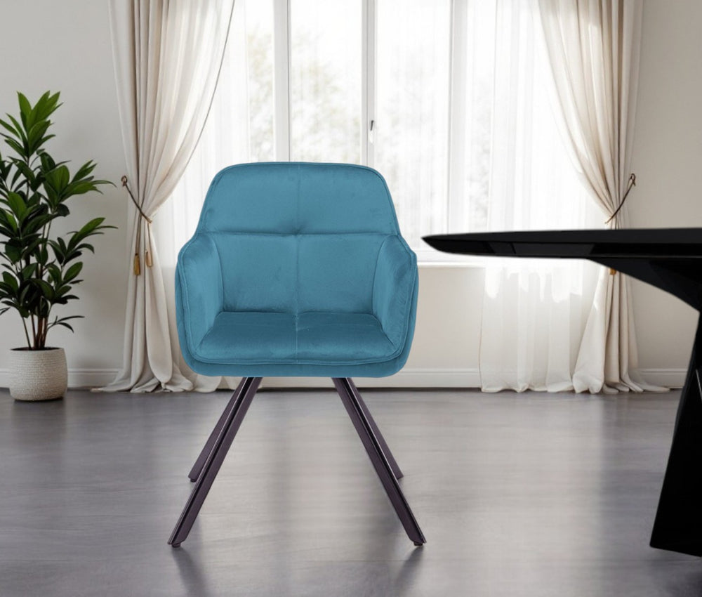 HomeRoots Tufted Blue Velvet Arm Chair with Black Metal Legs - Modern Elegance for Dining & Accent Use 521273
