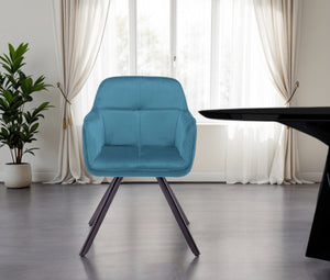 HomeRoots Tufted Blue Velvet Arm Chair with Black Metal Legs - Modern Elegance for Dining & Accent Use 521273