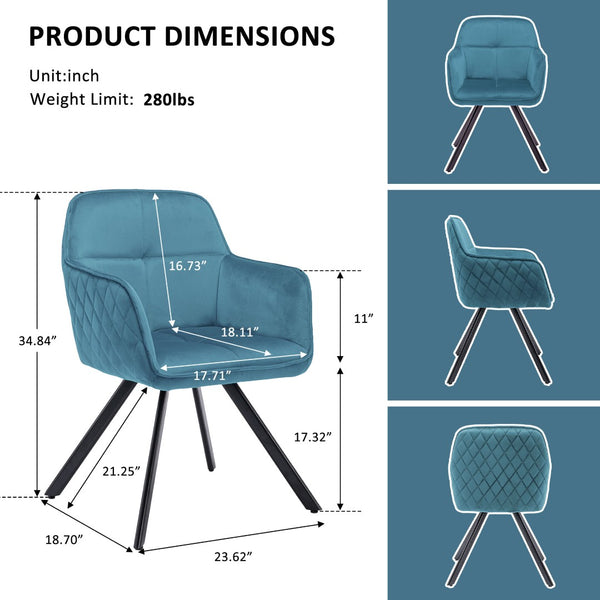 HomeRoots Tufted Blue Velvet Arm Chair with Black Metal Legs - Modern Elegance for Dining & Accent Use 521273