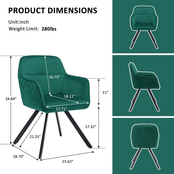 HomeRoots Tufted Emerald Green Velvet Arm Chair with Black Metal Legs – Stylish Dining & Accent Seating 521274
