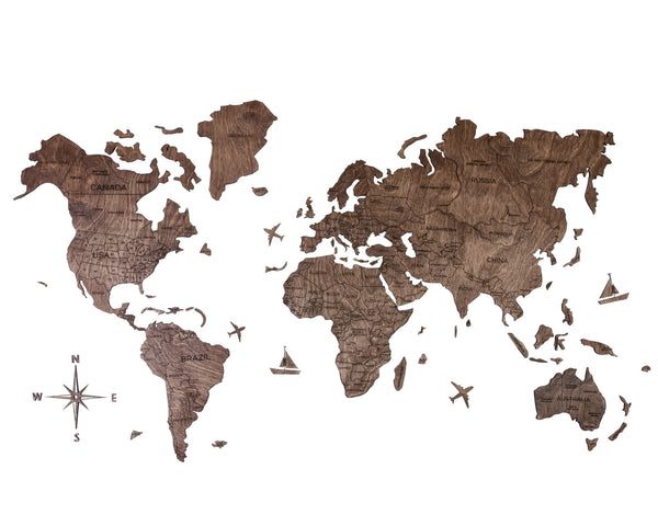 Homeroots 47" X 79" Dark Brown Wood World Map Hanging Dimensional Sculpture  Plywood 521279