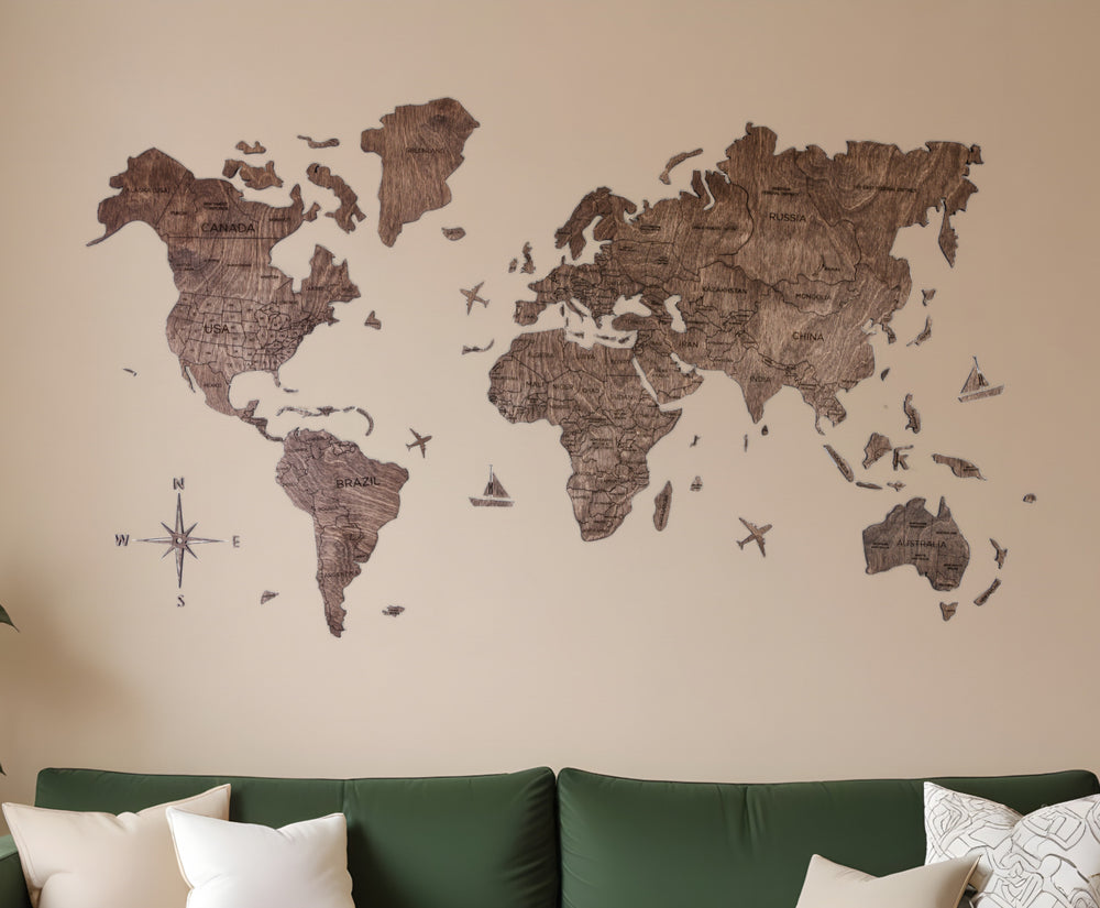 Homeroots 47" X 79" Dark Brown Wood World Map Hanging Dimensional Sculpture  Plywood 521279
