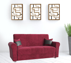 Homeroots 63" Burgundy Silver Microfiber Futon Convertible Sleeper Love Seat With Storage And Toss Pillows   521284