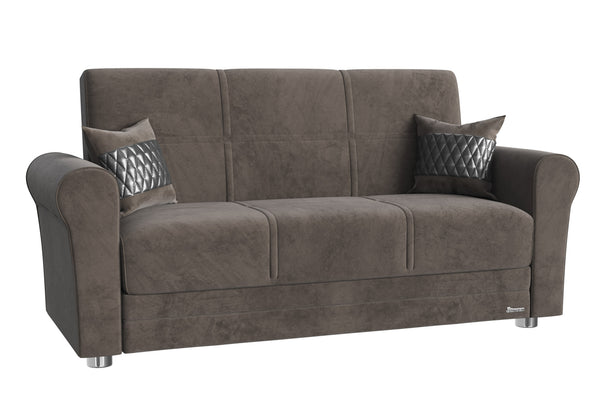 Homeroots 63" Gray Silver Microfiber Futon Convertible Sleeper Love Seat With Storage And Toss Pillows   521285