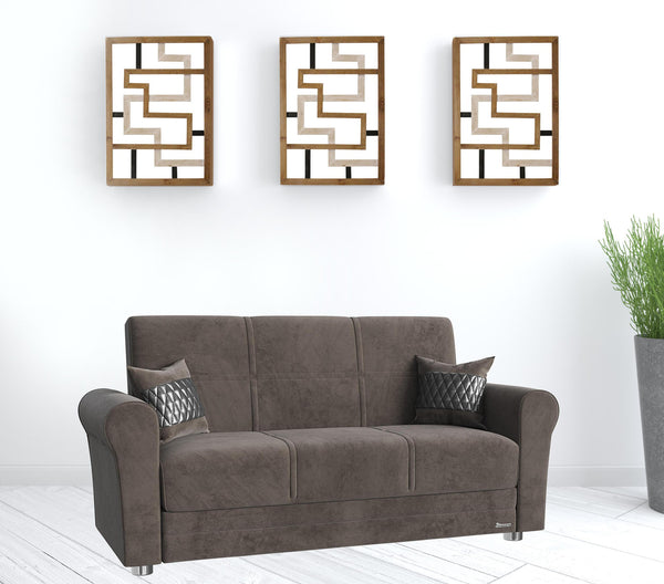 Homeroots 63" Gray Silver Microfiber Futon Convertible Sleeper Love Seat With Storage And Toss Pillows   521285